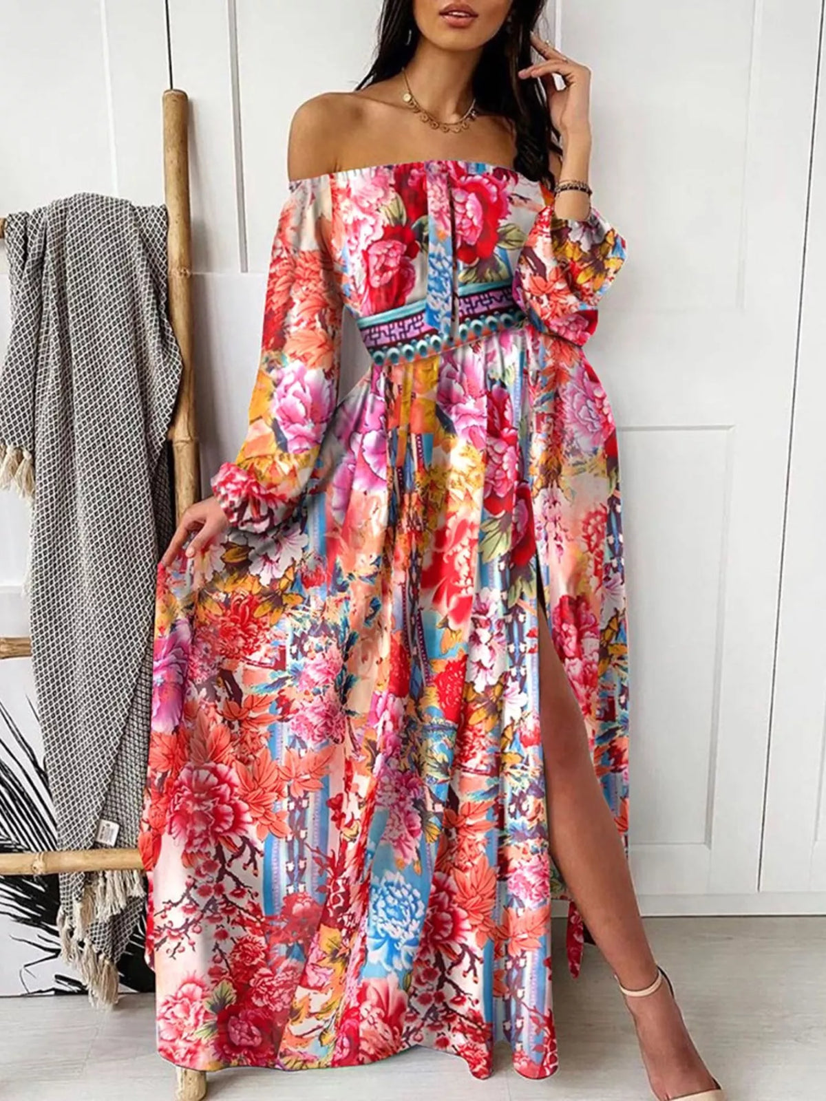 Side view showing the slit on the printed maxi dress