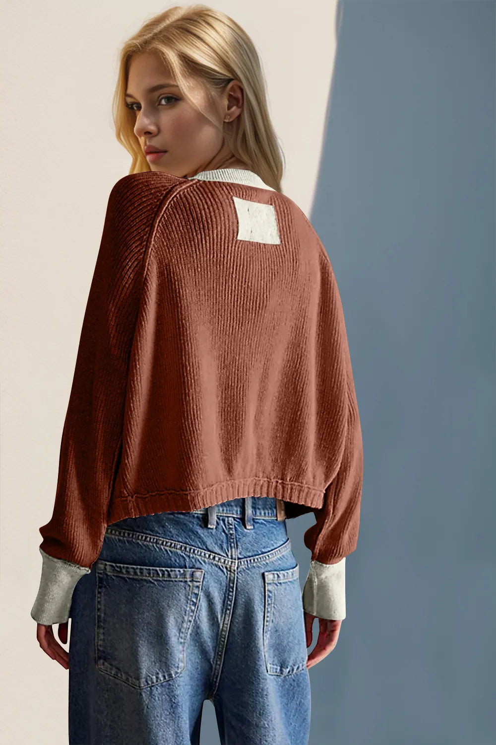 Double Take Contrast Button Up Long Sleeve Cardigan - Fashorio