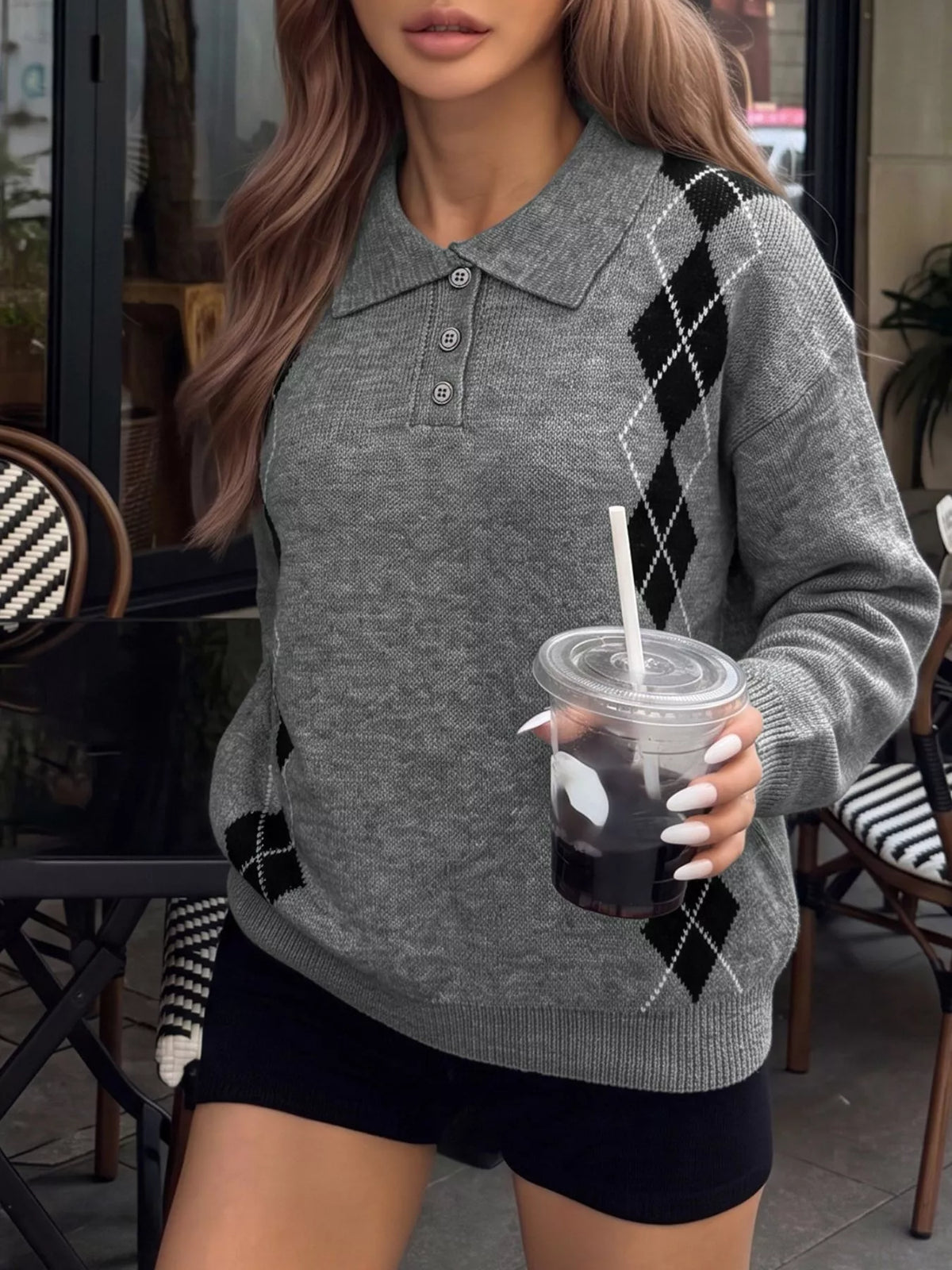 Argyle Polo Collar Ribbed Sweater back view