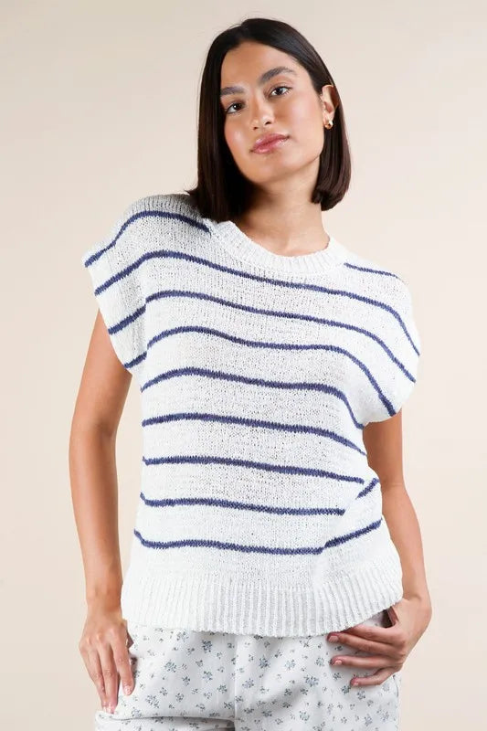 Striped Knit Sweater Vest Top in White back view