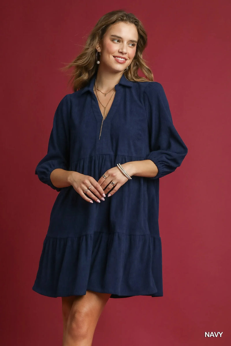 Tiered Corduroy Mini Dress with Balloon Sleeves