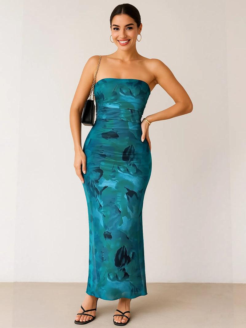 Printed side slit tube maxi dress front view