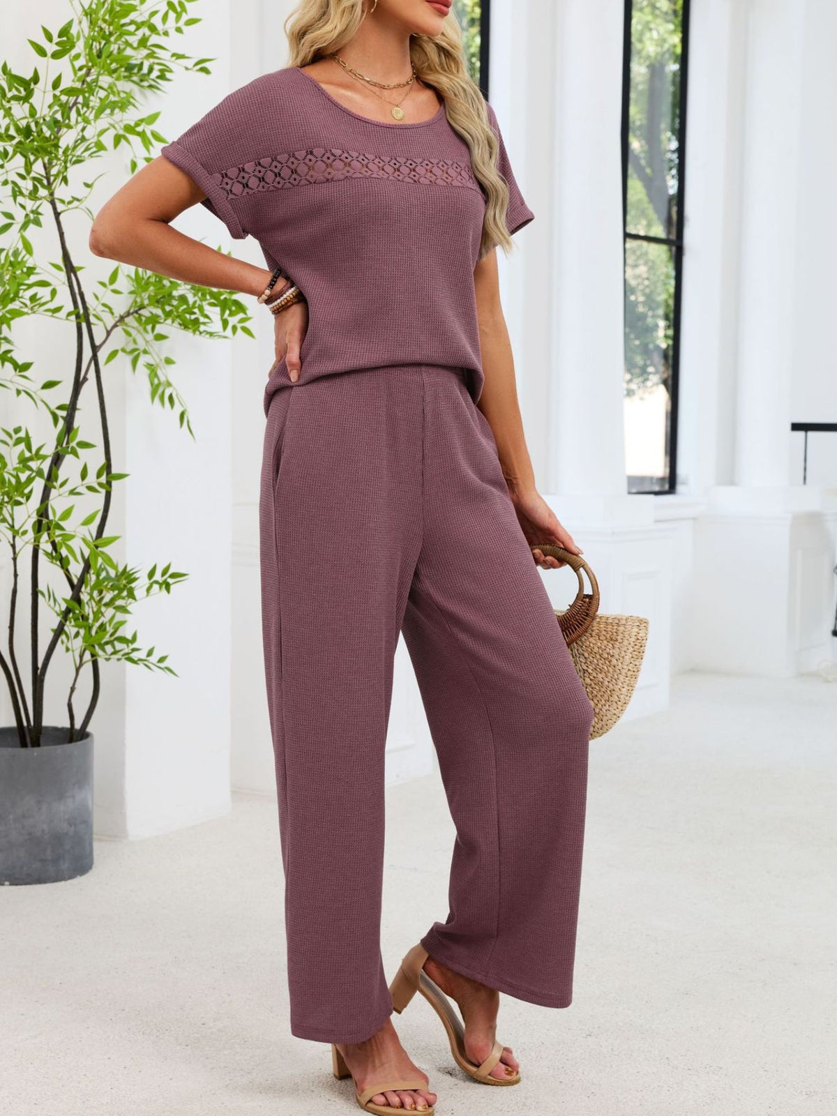 Lace top and pants matching two piece set