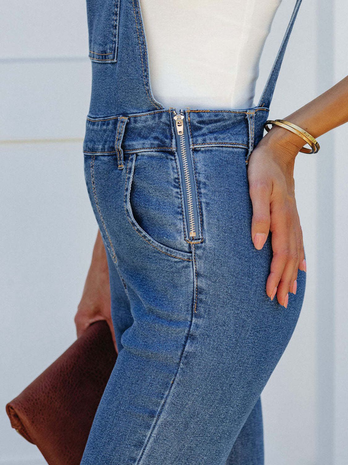 Raw hem denim overall full length styling