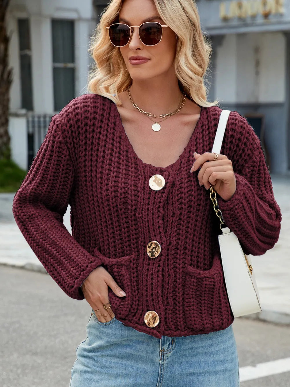 Round Neck Button Up Cardigan with Pockets - Fashorio