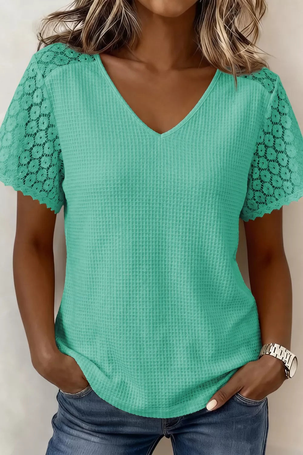 Turquoise waffle knit v neck top with lace trim front view
