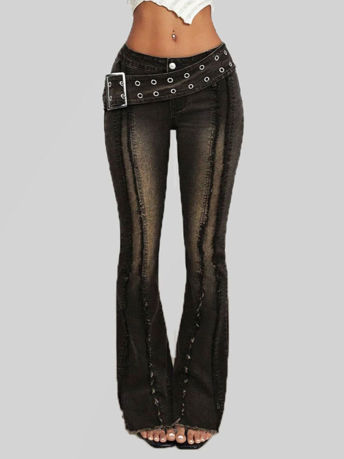 Back view of black flare denim