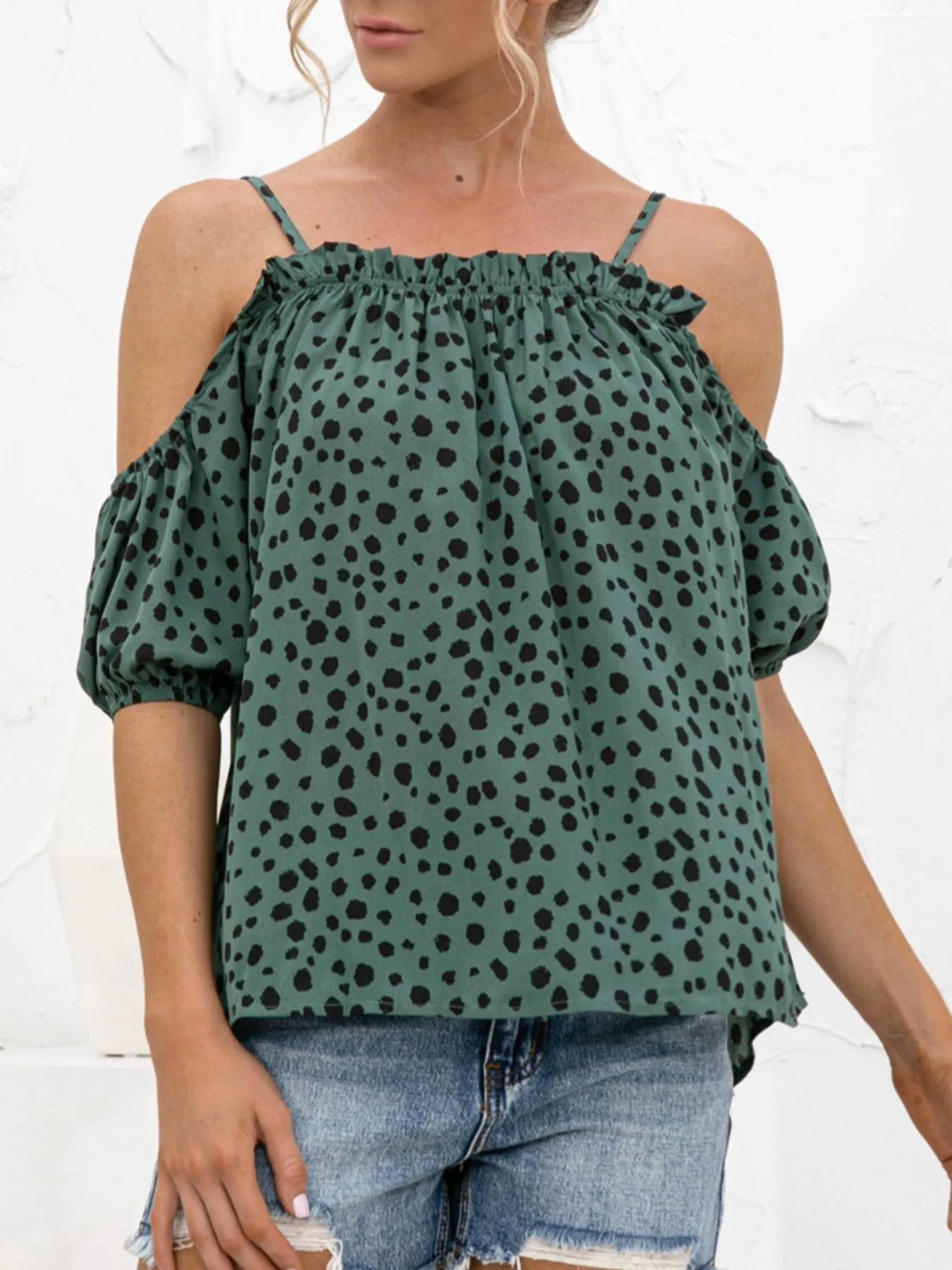 Puff Sleeve Polka Dot Ruffle Cami Top Dark Green - Fashorio