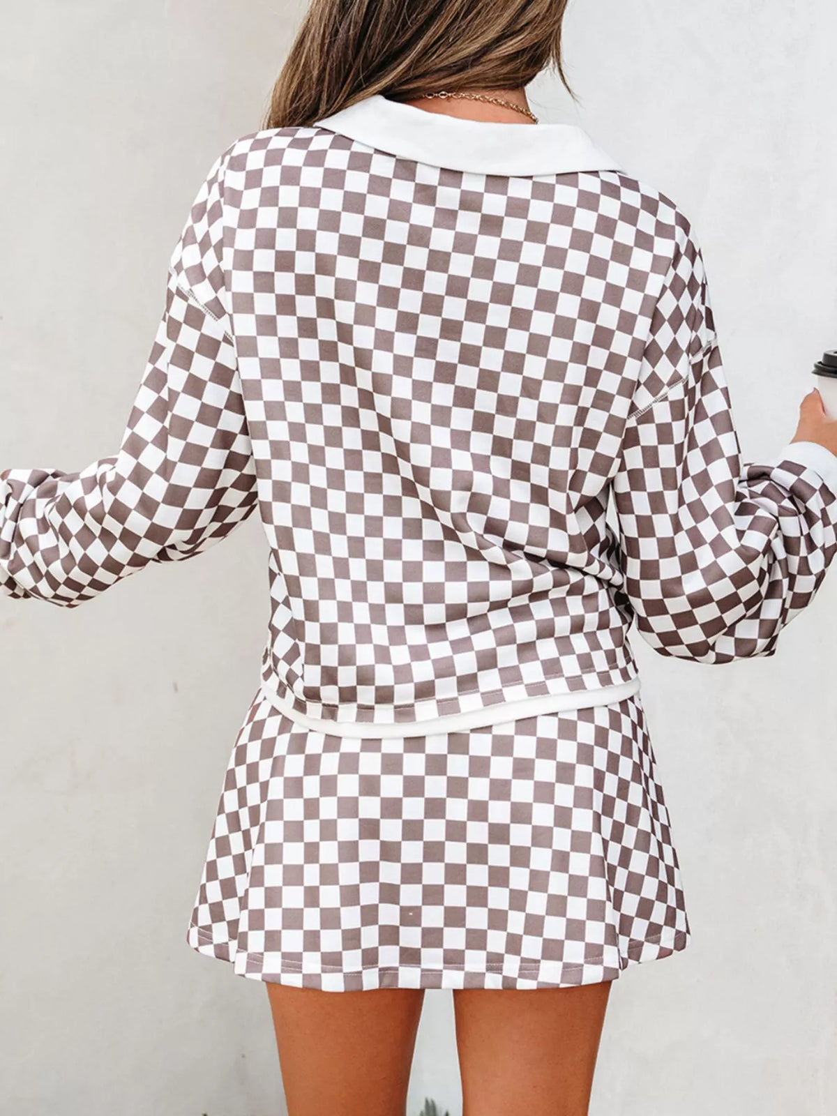 Checkered Print Polo Collar Cropped Long Sleeve Top and Drawstring Mini Skirt Set back view