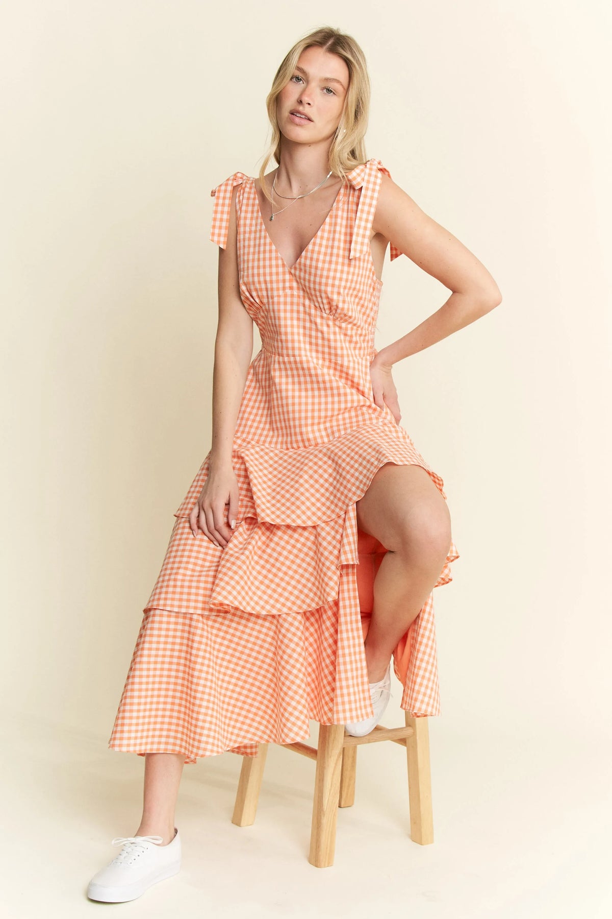 Sleeveless Gingham Print Tiered Midi Dress view 9