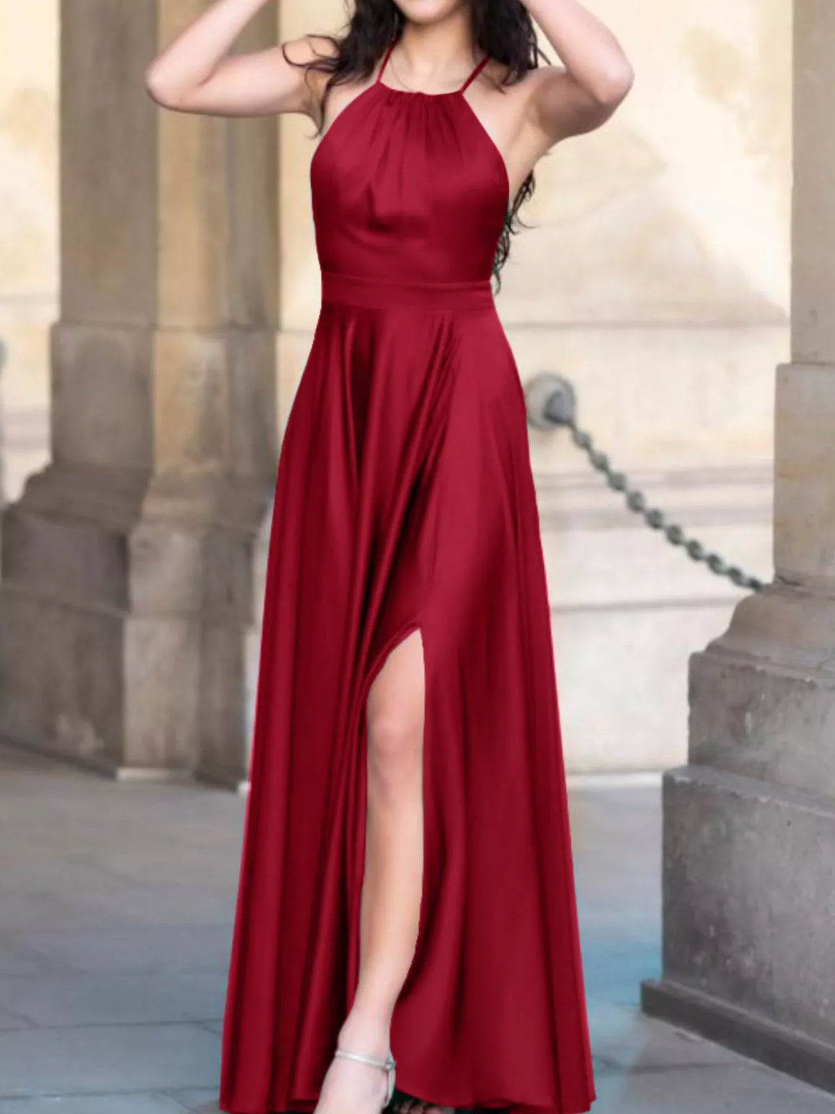 Back view of the dress in a further colourway showing the open back
