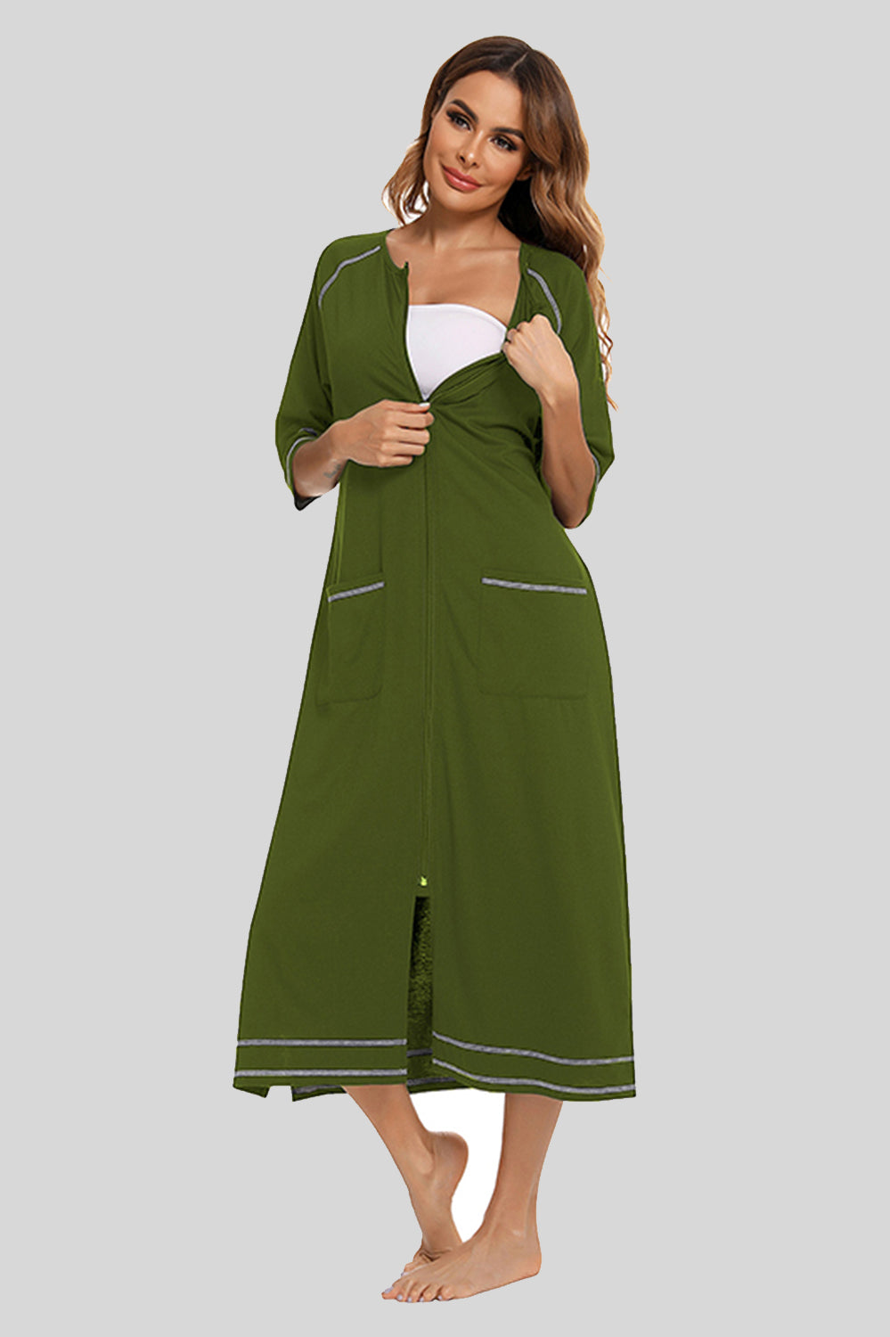 Zip Up Slit Round Neck Night Dress with Pockets Army Green - Fashorio