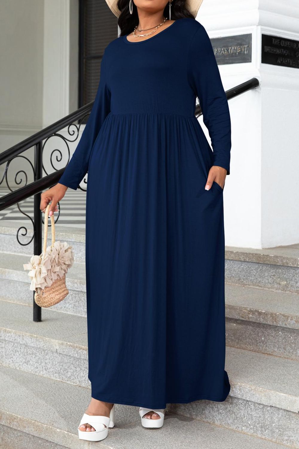 Plus Size Round Neck Long Sleeve Maxi Dress with Pockets Navy - Fashorio