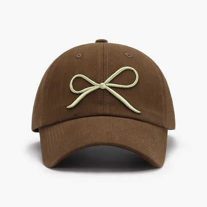 Bow Embroidered Cotton Baseball Cap Coffee Brown One Size - Fashorio