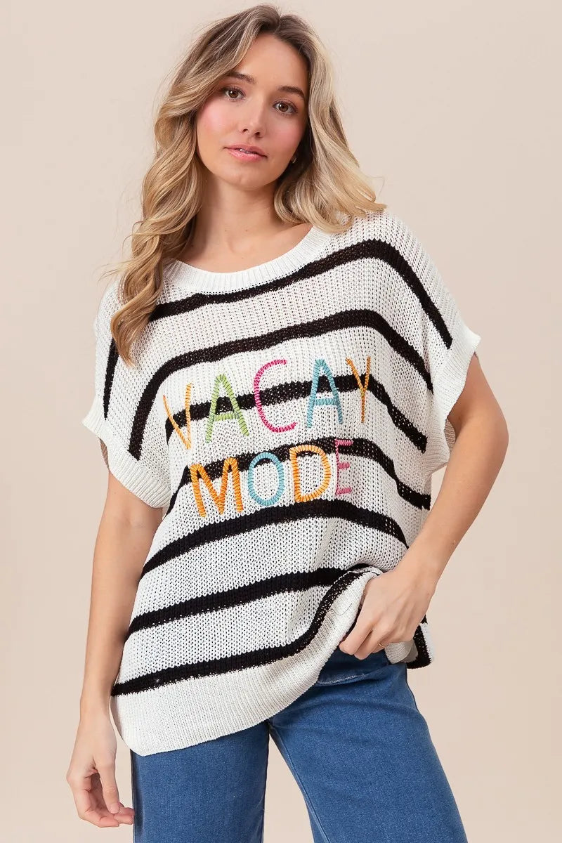 BiBi Vacay Mode Lettering Drop Shoulder Striped Sweater BLACK - Fashorio