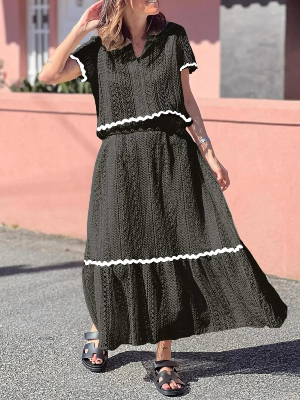 Contrast Trim Openwork Top and Skirt Set, view 5