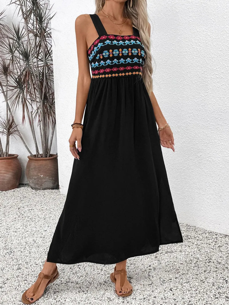 Embroidered floral side slit sleeveless midi dress front view