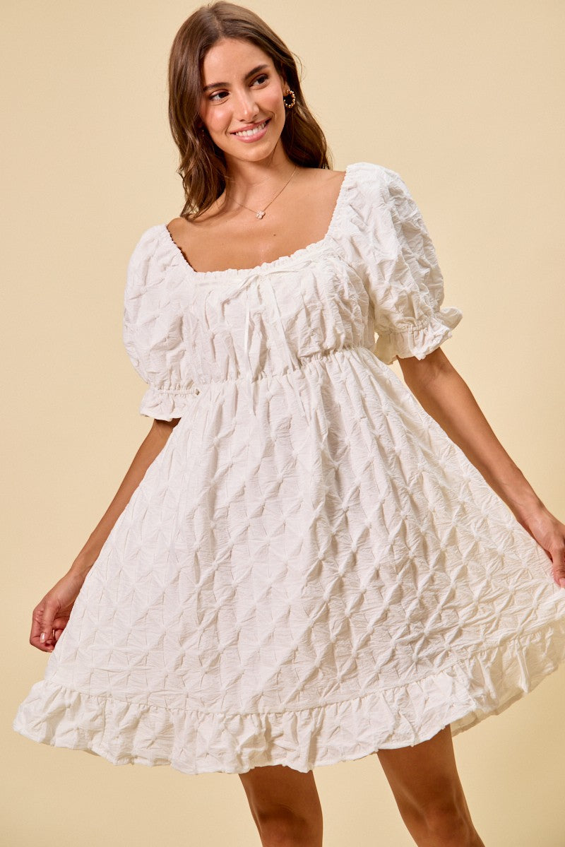 Textured Ruched Bust Mini Dress in Off White