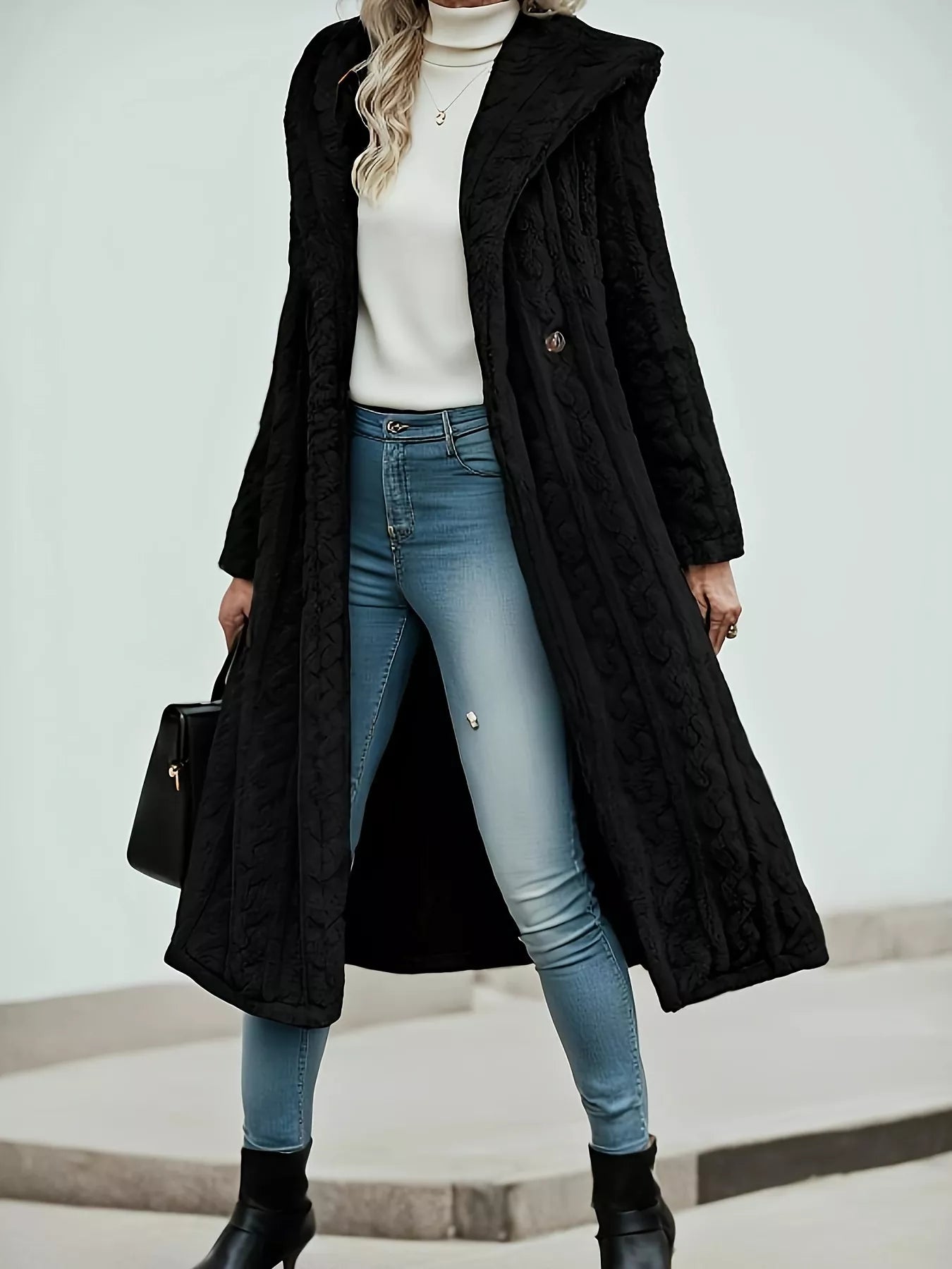 Sherpa Longline Hooded Coat Black - Fashorio