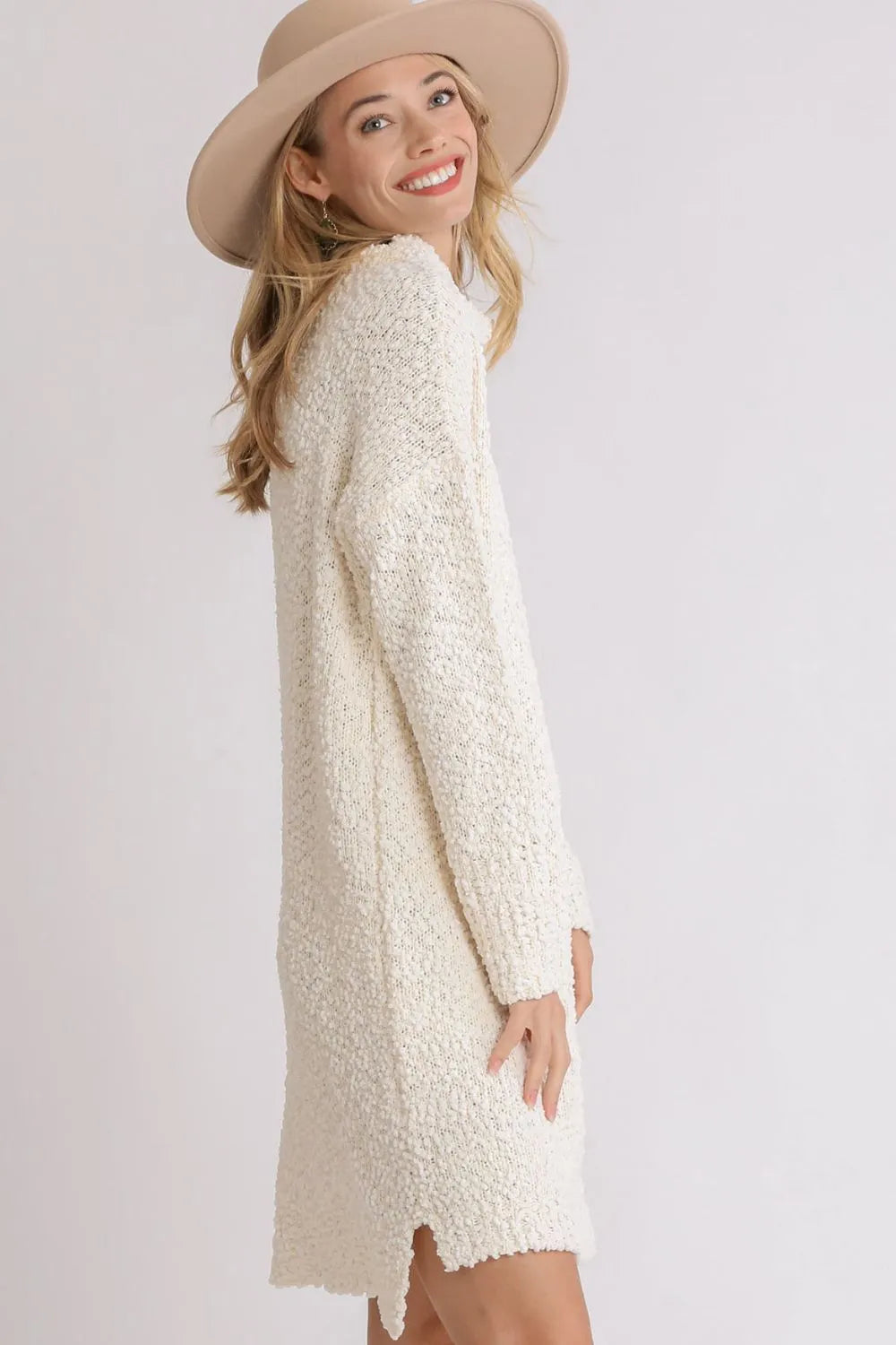 High Low Boucle Long Sleeve Sweater Dress Plus Size in Cream side view