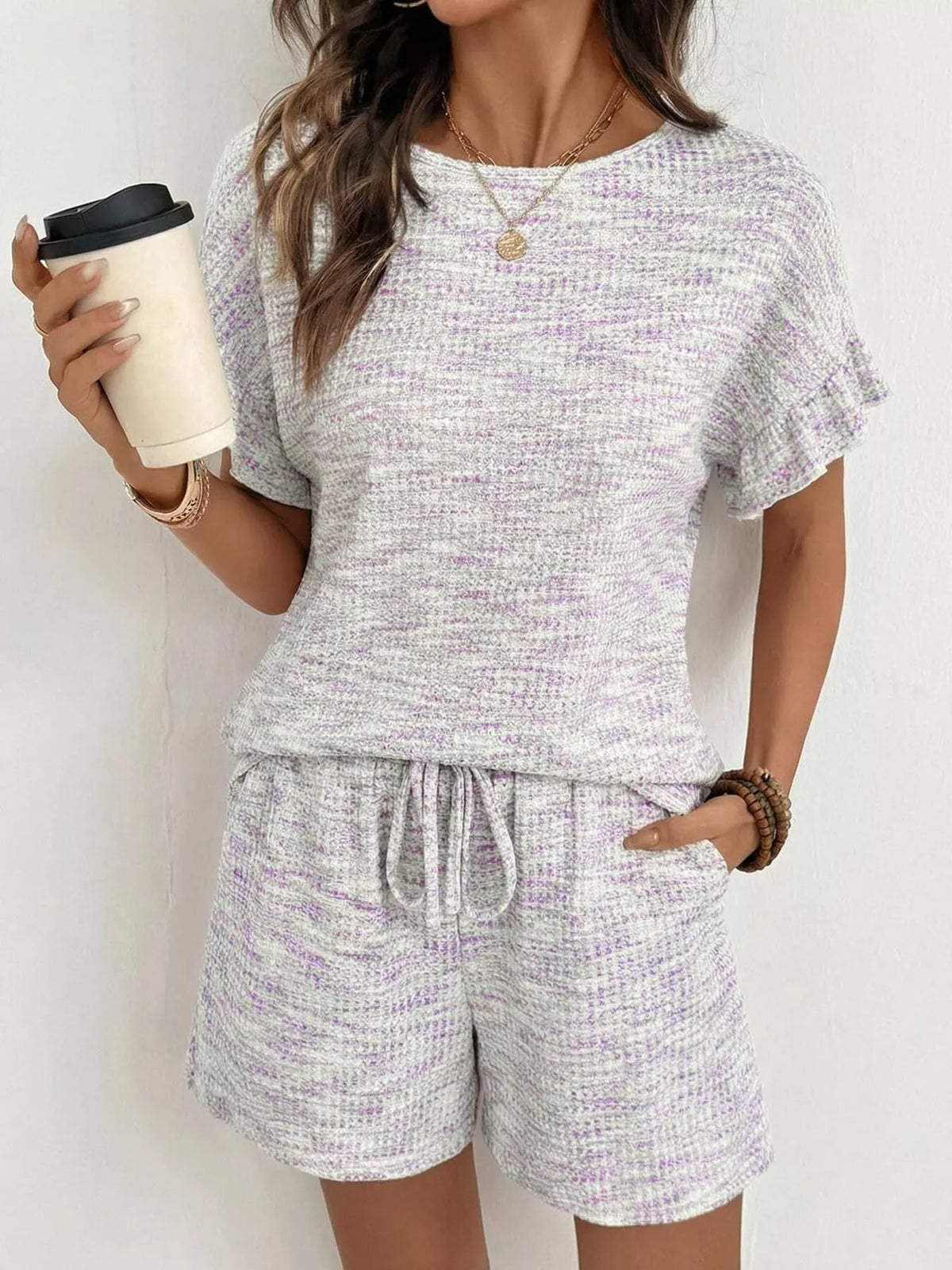 Ruffle Sleeve Textured Top and Shorts Set, view 26