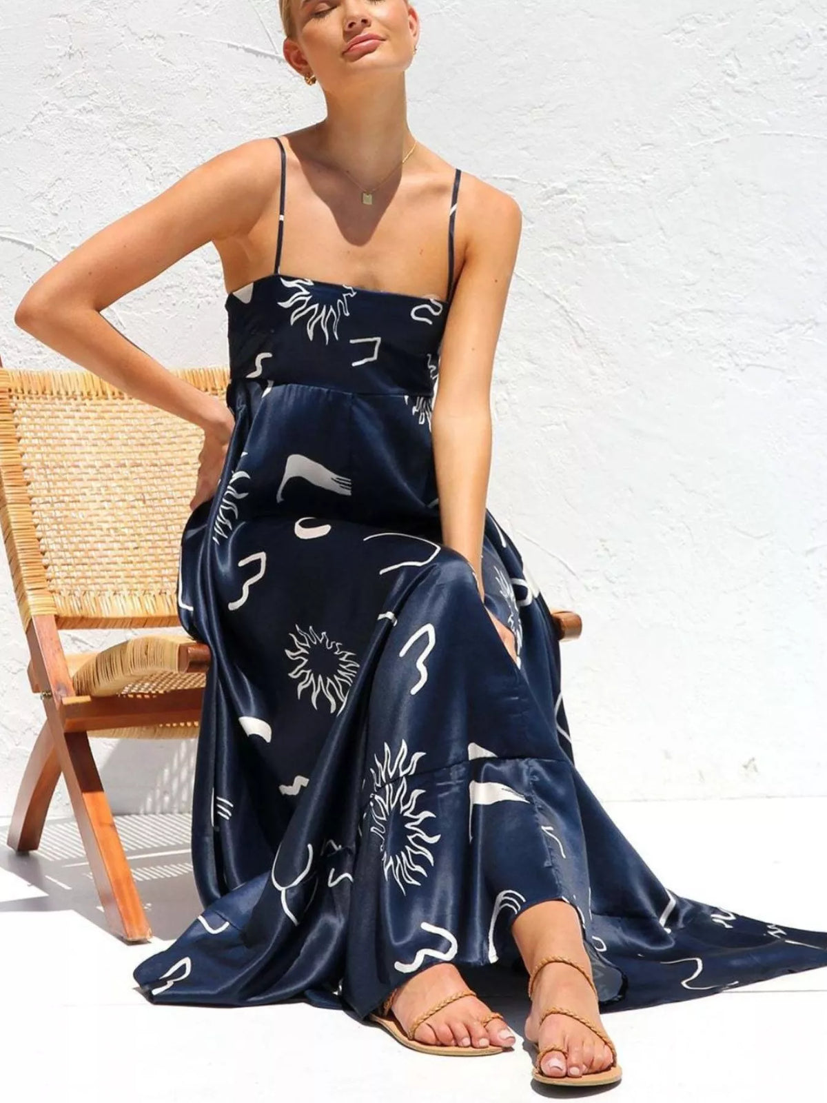 printed spaghetti strap maxi dress detail view