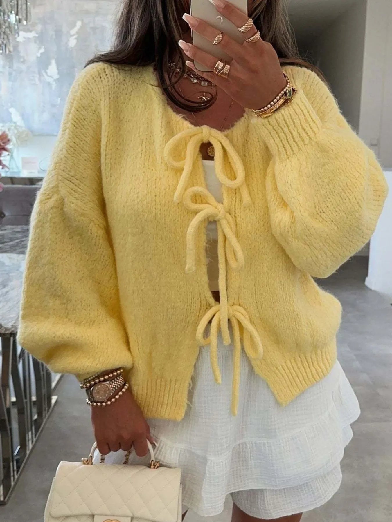 Cozy Bow-Tie Front Knit Cardigan Yellow - Fashorio