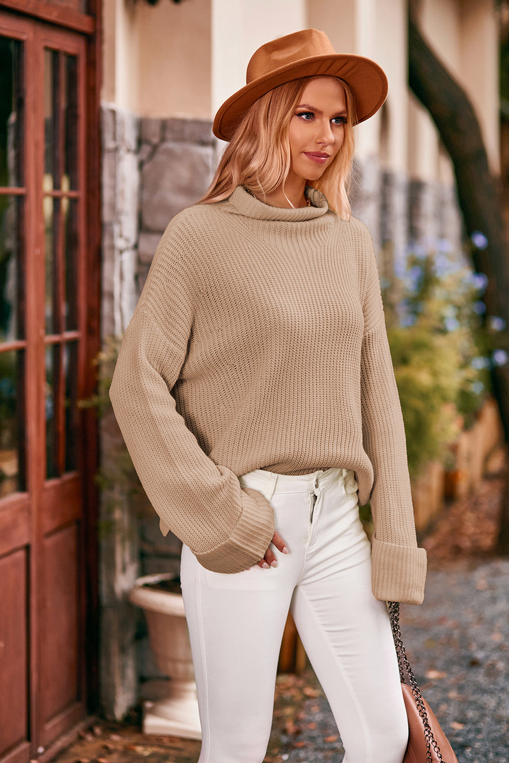 Mock Neck Drop Shoulder Sweater - Fashorio