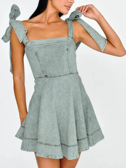 Bow-Shoulder Square Neck Denim Mini Dress - Fashorio