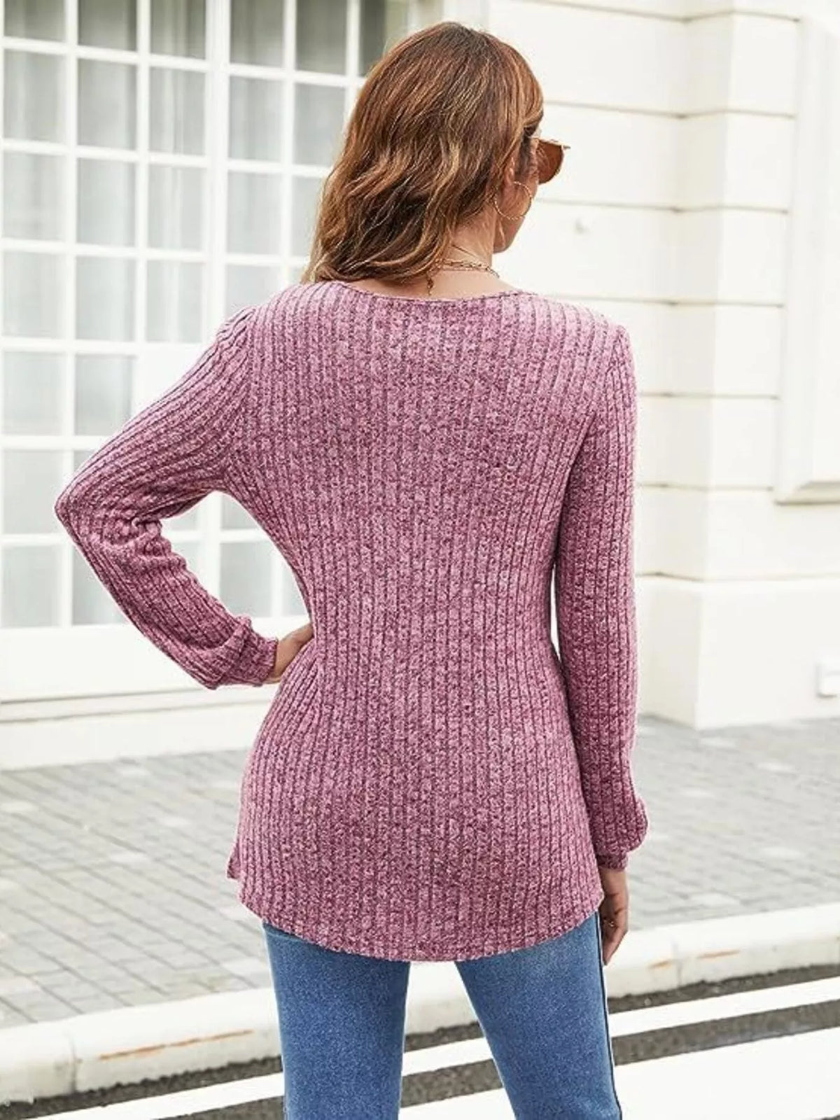 V neck ribbed long sleeve knit top full length view