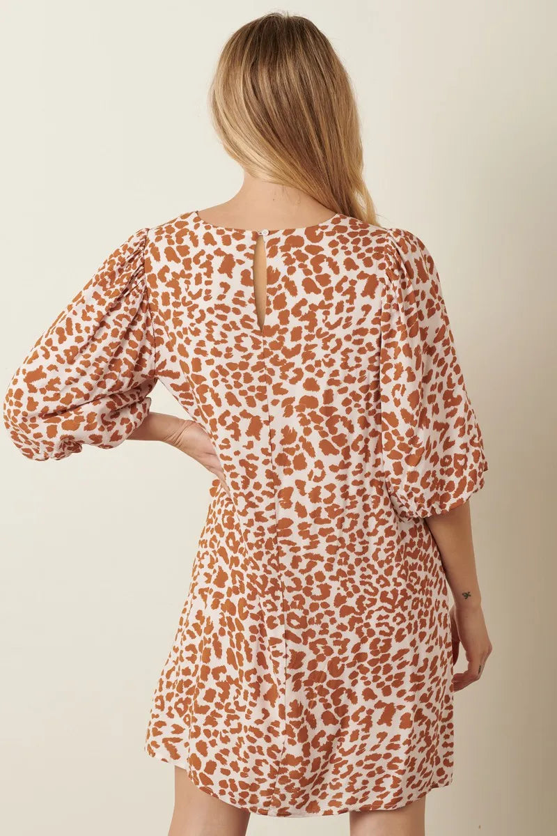 Animal Print Puff Sleeve Mini Dress in Mustard side view