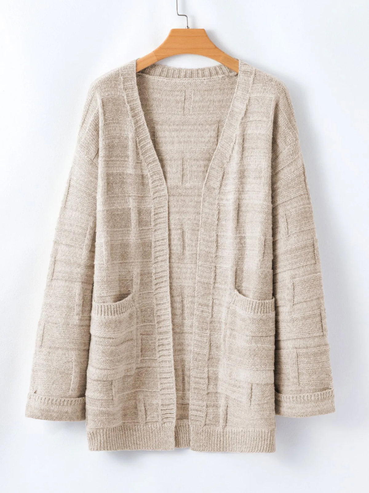 textured knit open front cardigan with pockets side view