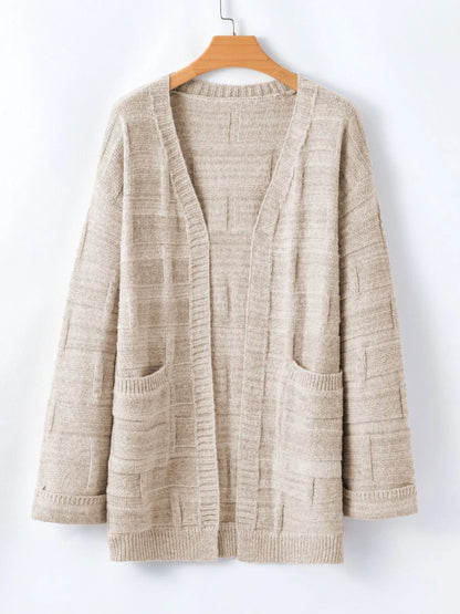 Textured Knit Open Front Cardigan with Pockets - Fashorio