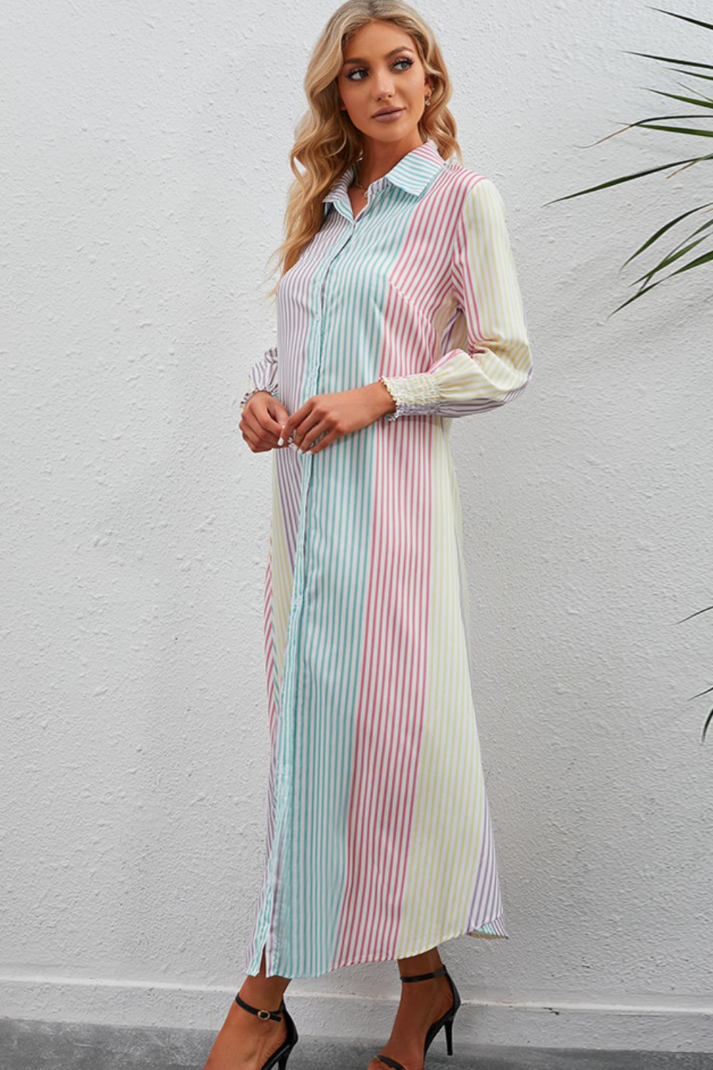 Rainbow stripe button up shirt dress full length view