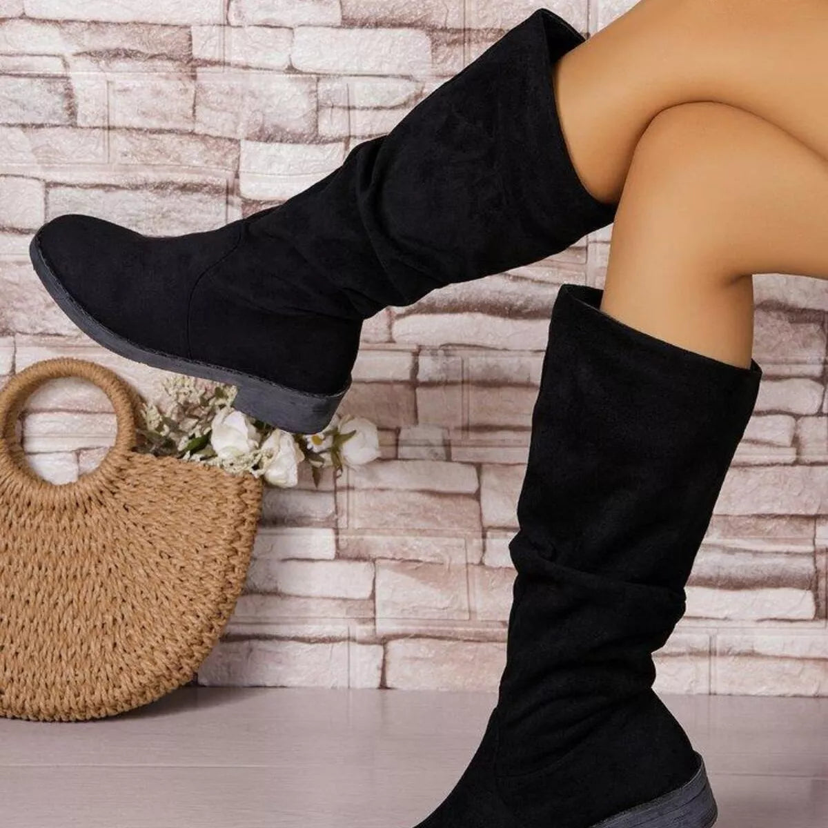 suede round toe block heel boots back view