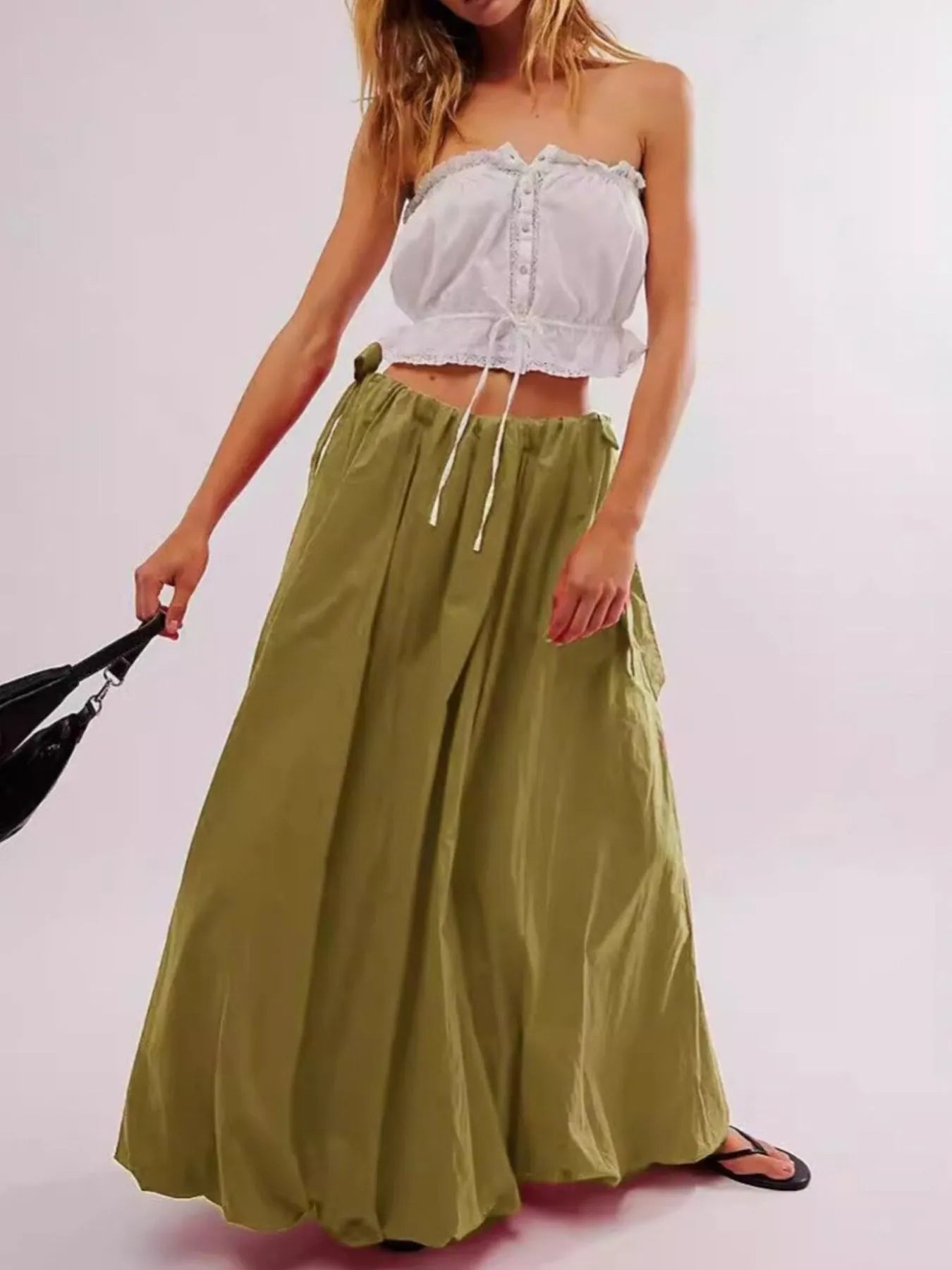 Side Bow Maxi Skirt with Pockets Olive - Fashorio