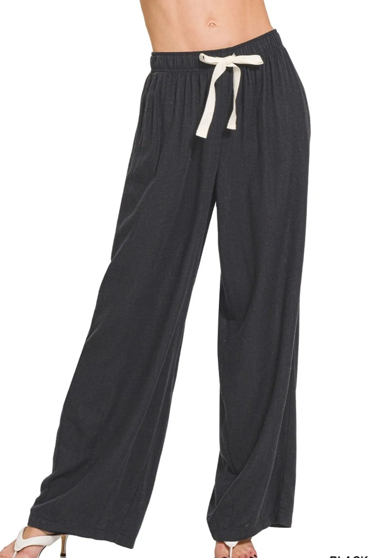 Zenana Linen Drawstring Pants BLACK - Fashorio