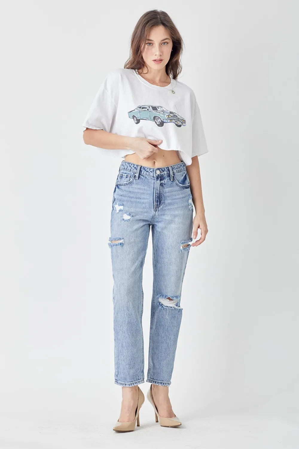 RISEN Distressed Slim Cropped Jeans – Trendy Full Size Denim - Fashorio