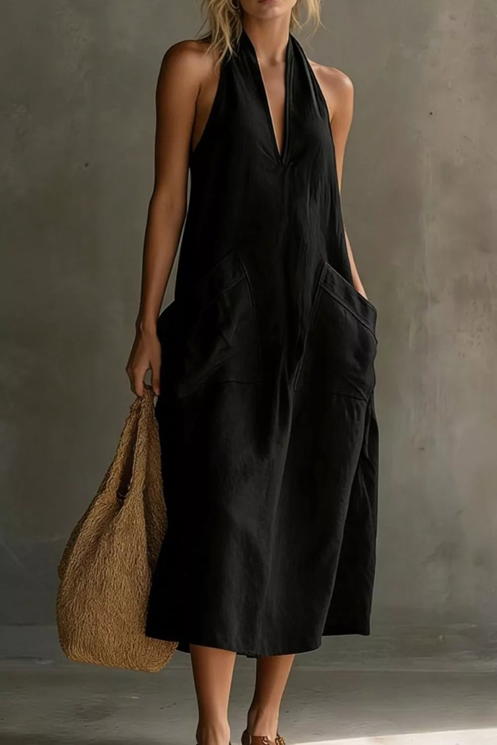 Halter neck pocket midi dress, styled look