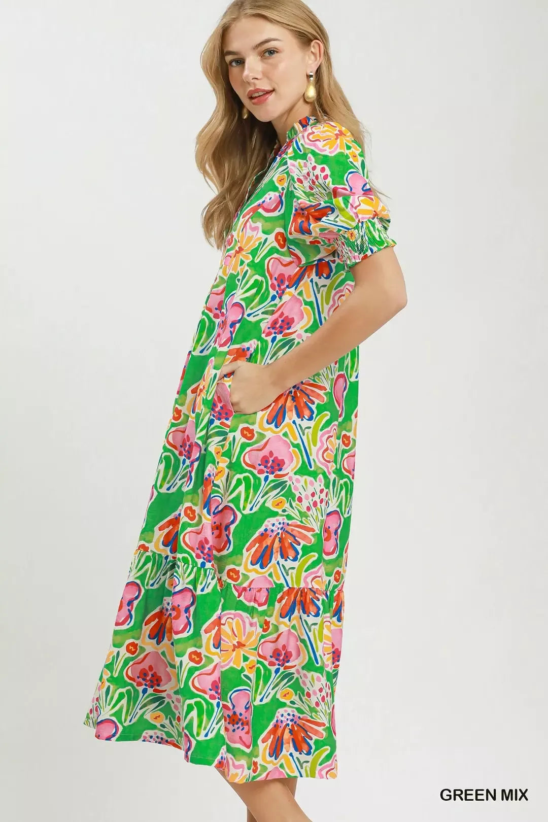 Floral Puff Sleeve Tiered Midi Dress in Green side view