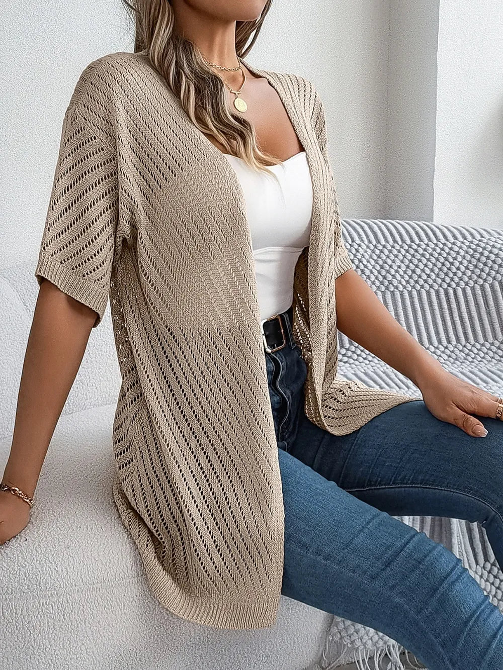 Openwork Open Front Half Sleeve Cardigan - Fashorio