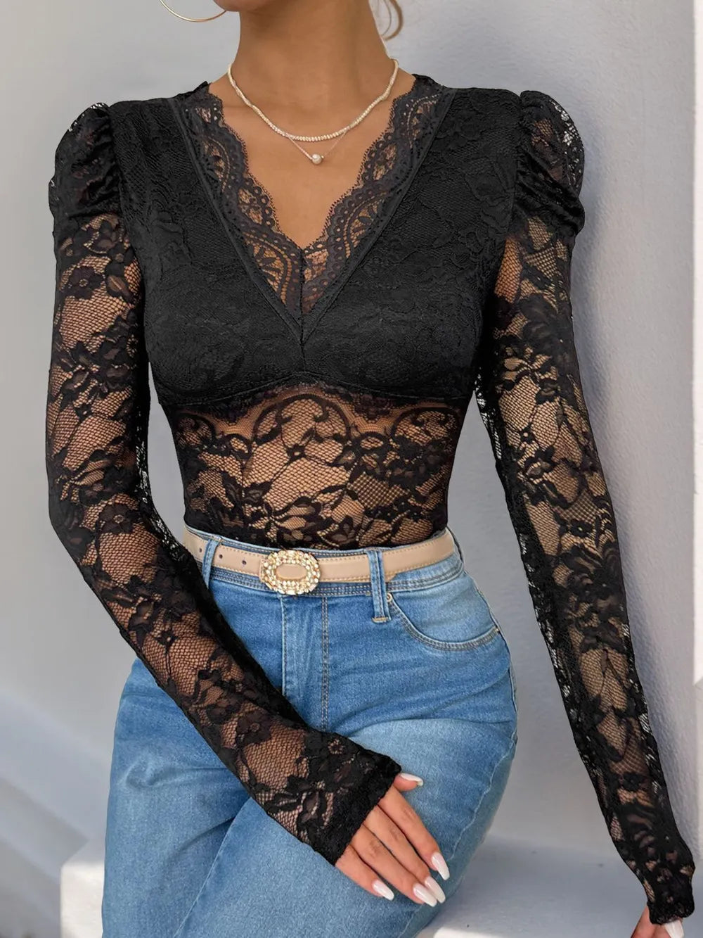 Perfee Lace V-Neck Long Sleeve Bodysuit - Fashorio