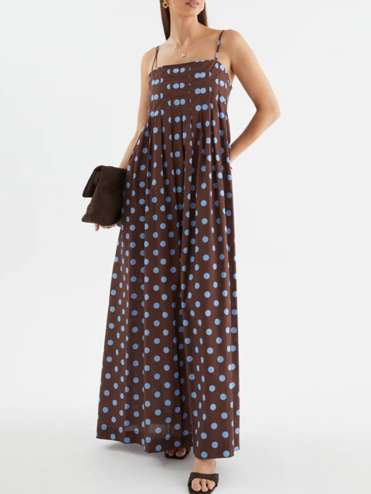 Polka dot smocked pleated maxi dress full length view