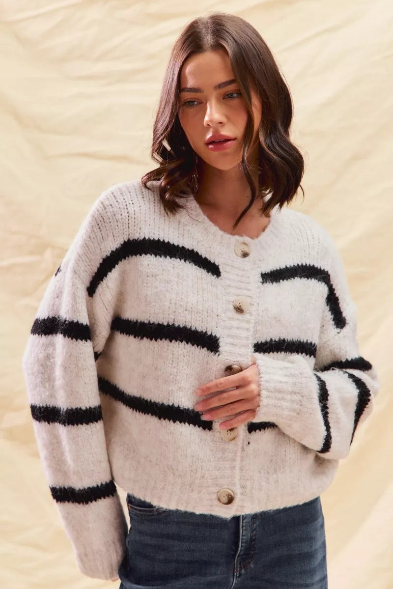 Striped Soft Touch Button Cardigan in Black view 16
