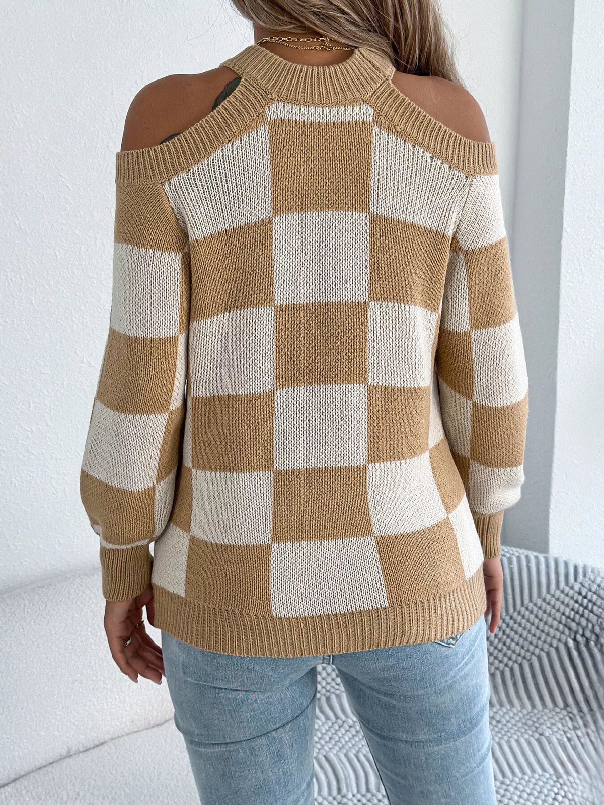Checked Cold Shoulder Long Sleeve Sweater view 15