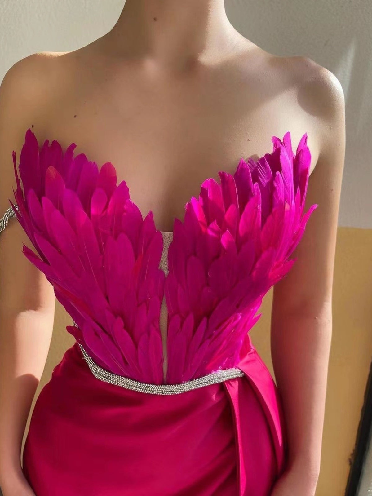 feather trim slit maxi dress waist detail