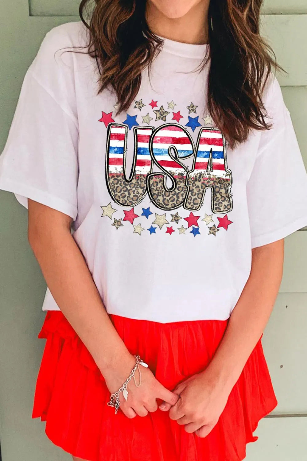Patriotic Star Leopard USA Letter Graphic T Shirt - Fashorio