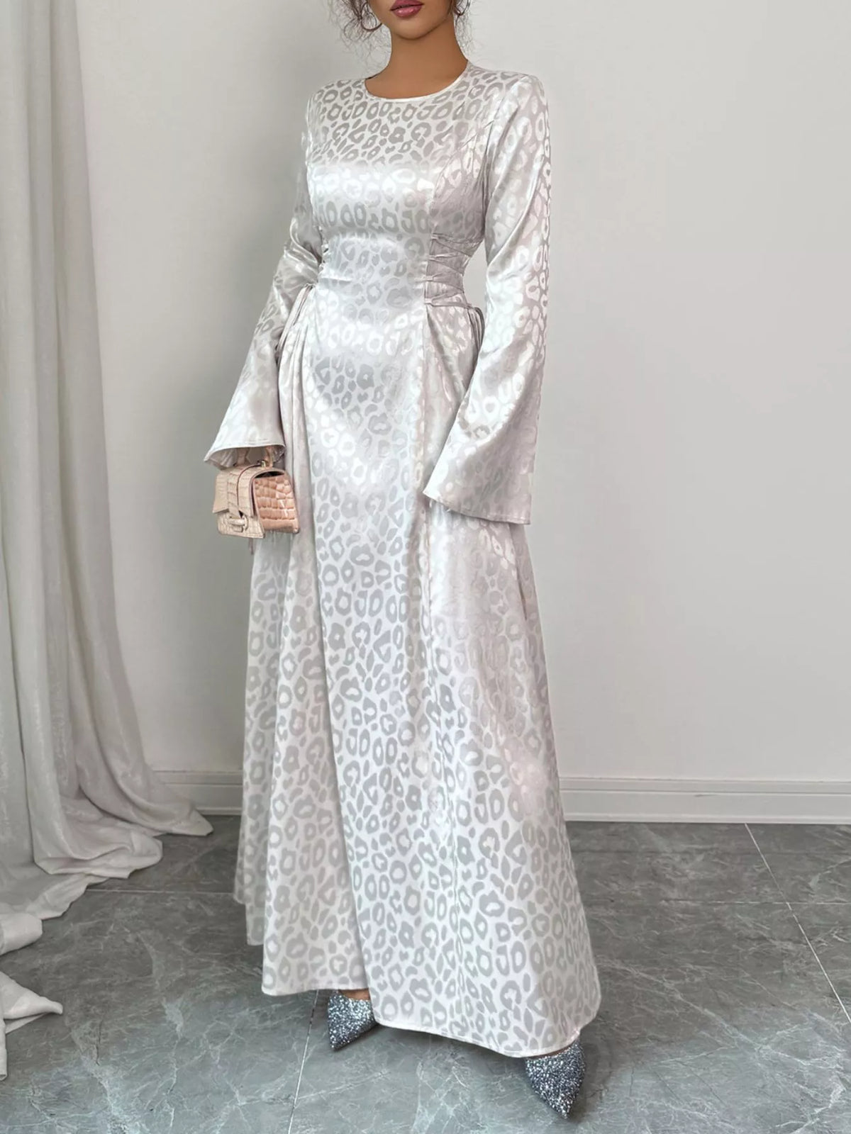 Leopard print lace up long sleeve maxi dress front view