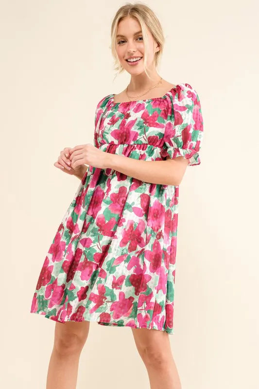 Smocked Floral Ruffle Mini Dress in Fuchsia on model