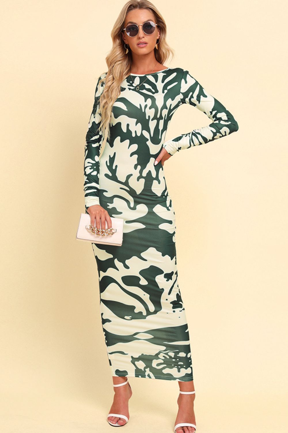 camo print backless long sleeve maxi dress in green camo front view
